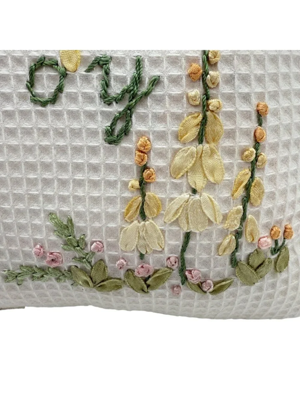 Ribbon Embroidered Throw Pillow Joy Floral Cat Ruffled Edge Cottagecore 9 In